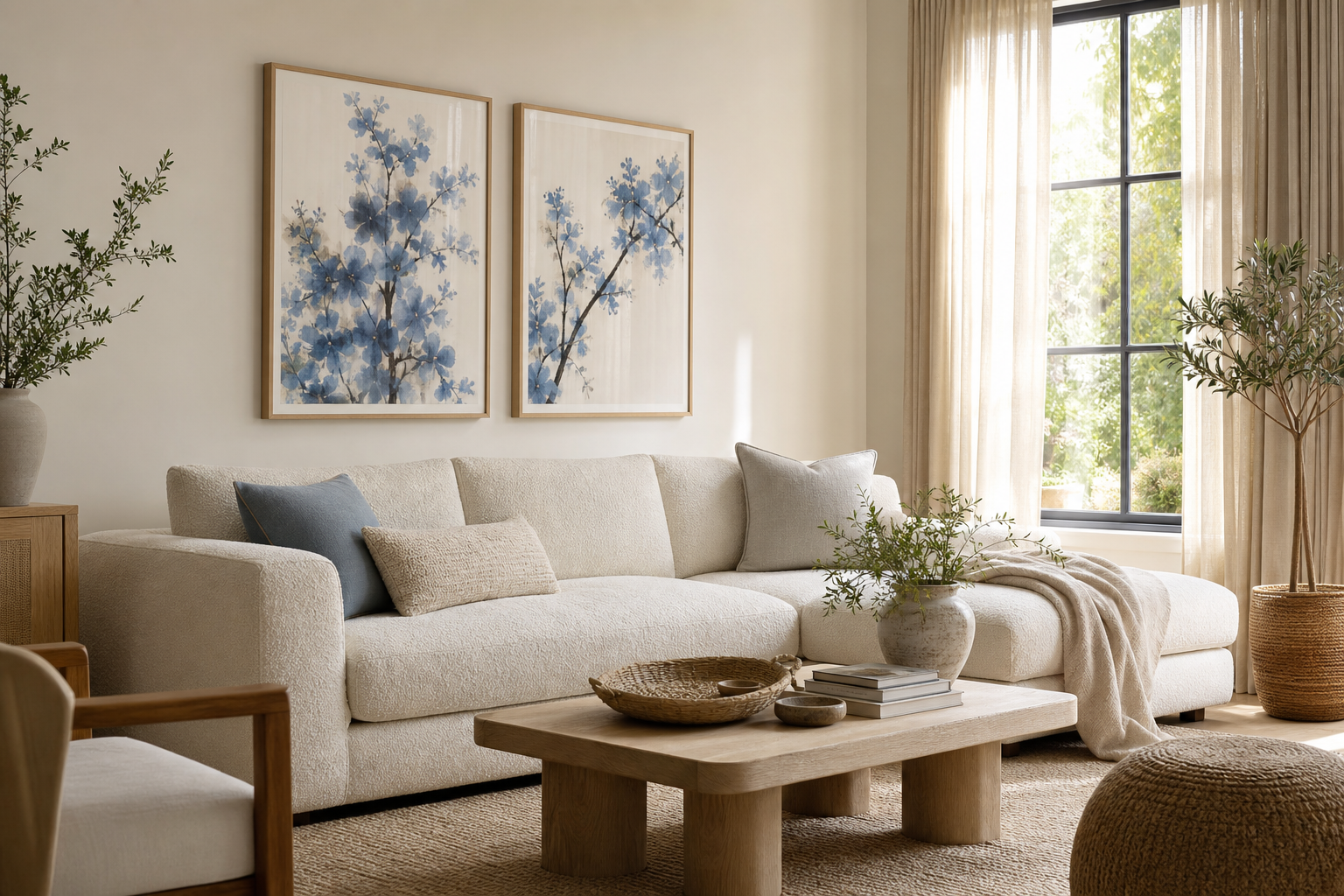Blue floral wall art above a light sofa in a calm living room