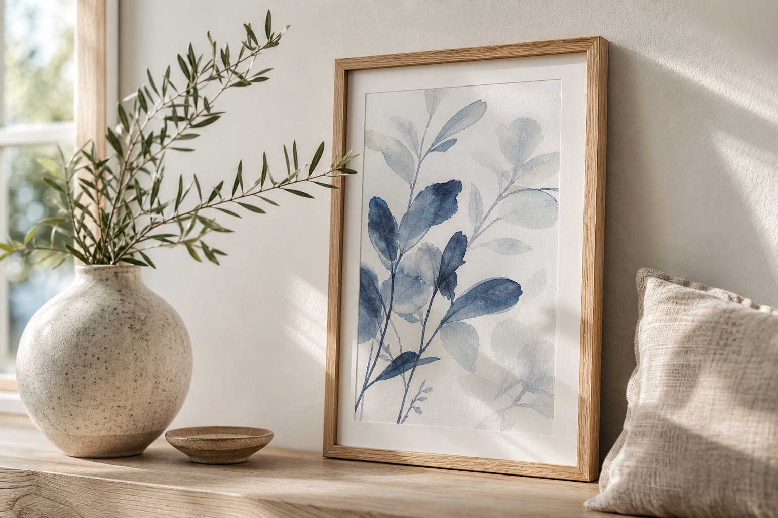 Close-up of oak frame and soft textiles with botanical art