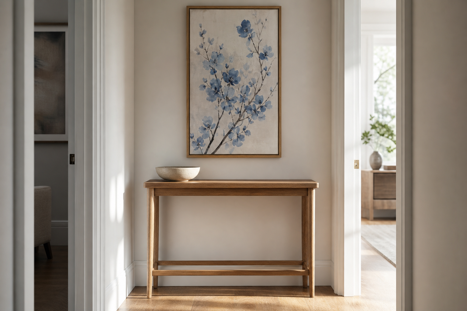 Vertical blue floral print styling in a hallway