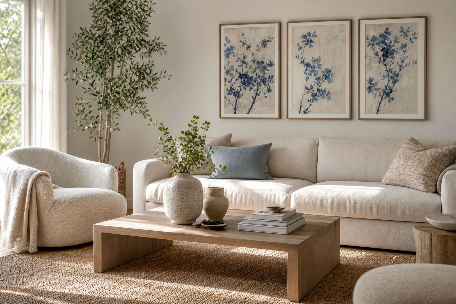 Blue floral wall art above a sofa in a living room