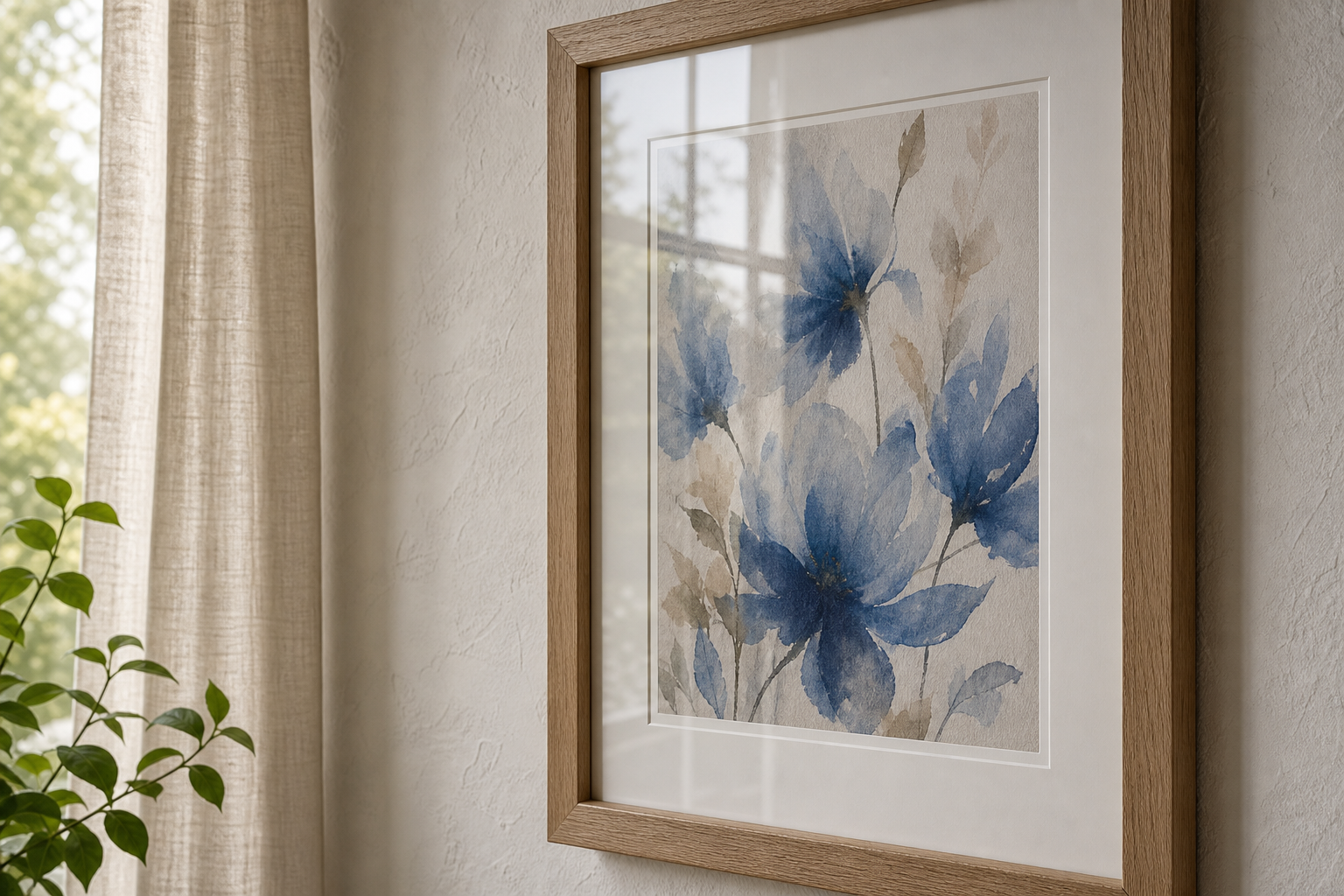 Close-up of blue floral print in oak frame