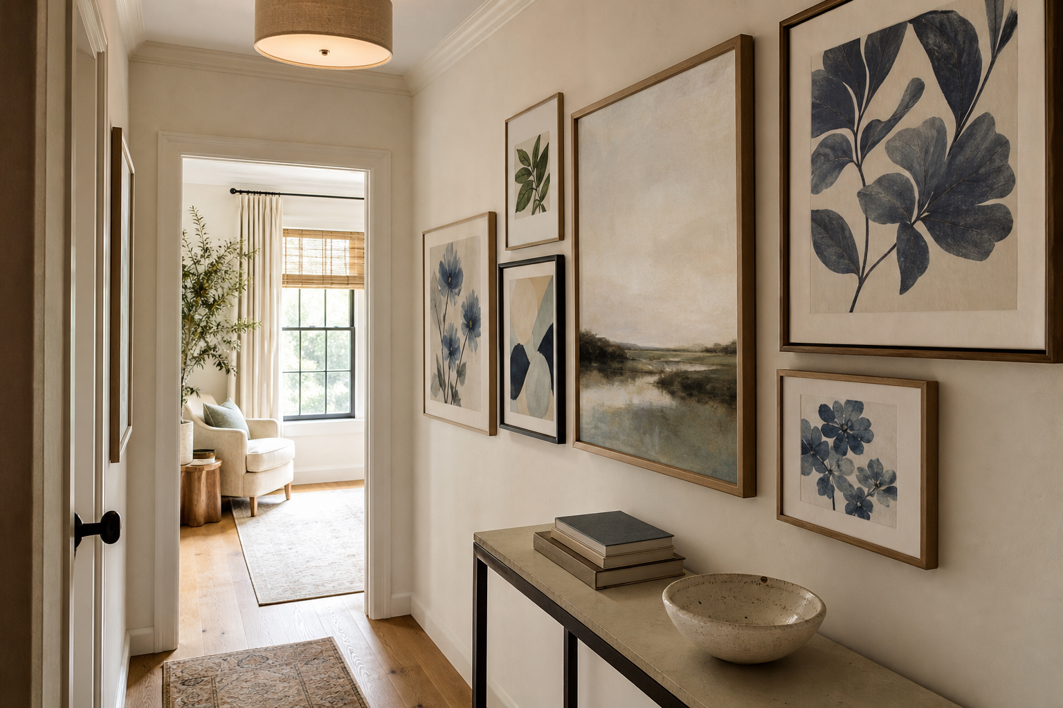 Hallway gallery wall with blue florals and mixed art