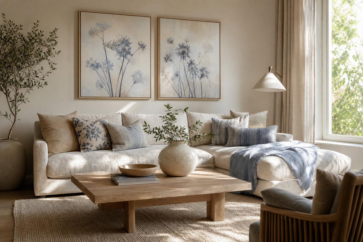 Living room with dusty blue floral wall art over a sofa