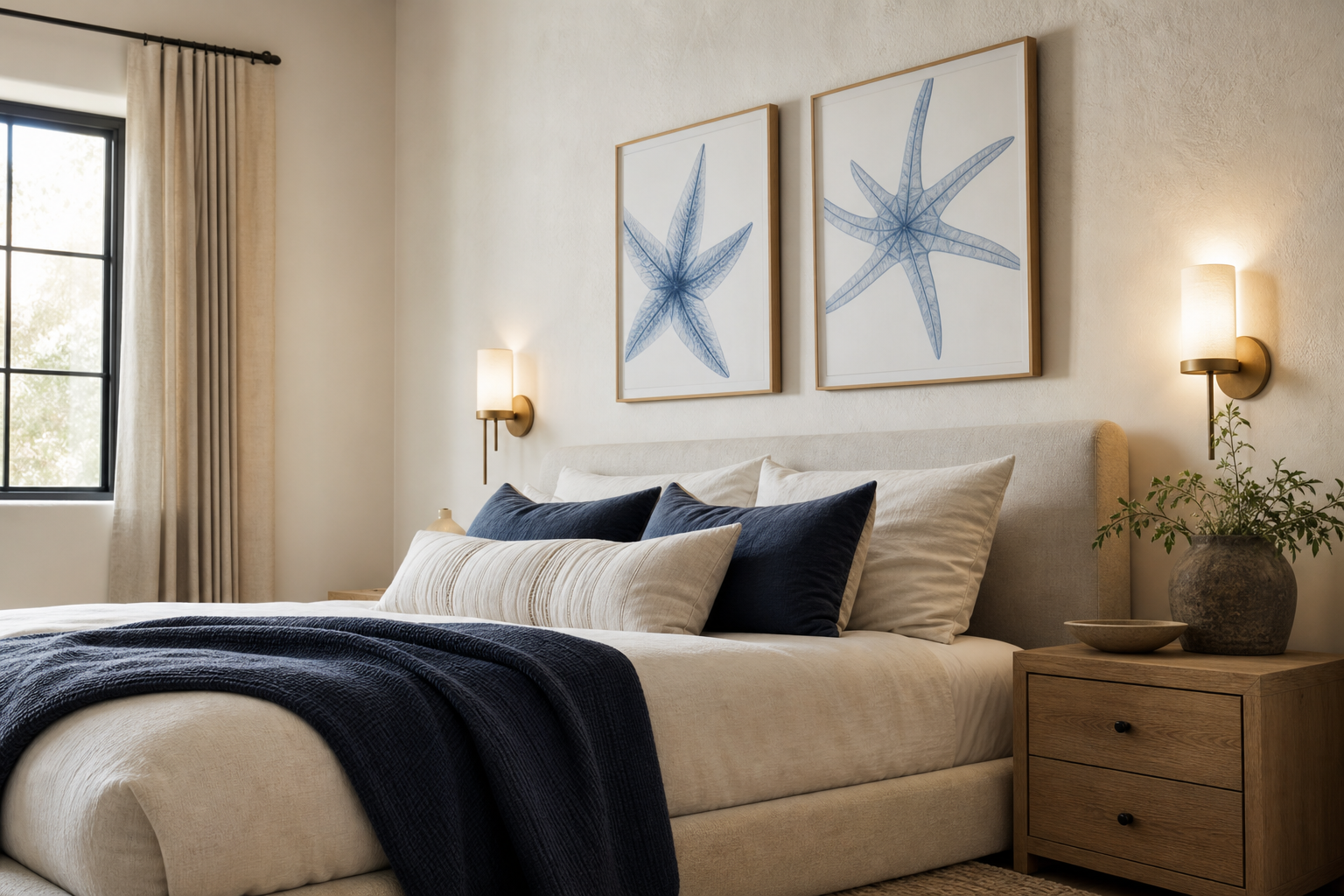 Bedroom styled with celestial blue framed art