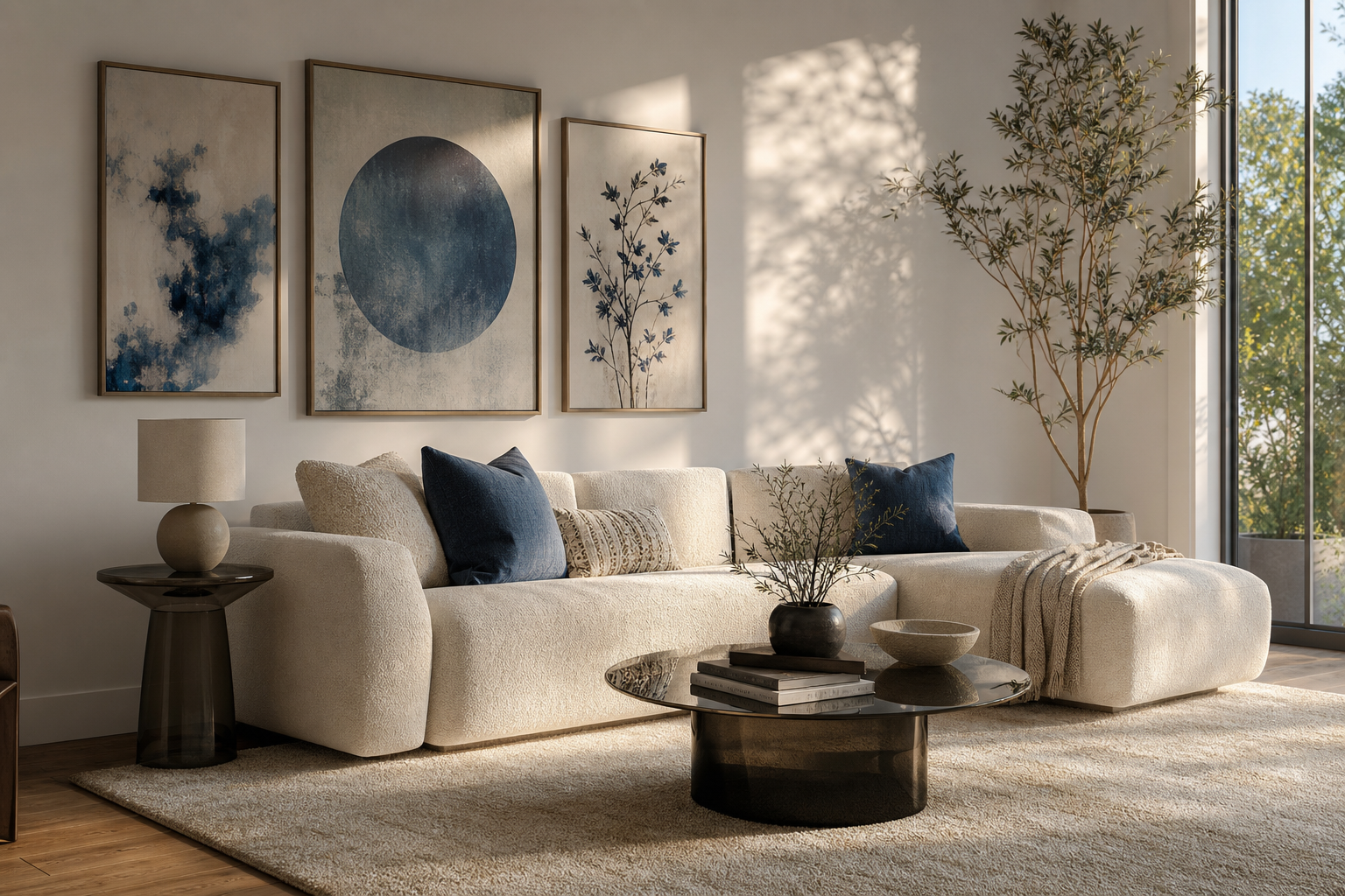 Living room gallery wall with blue celestial accents