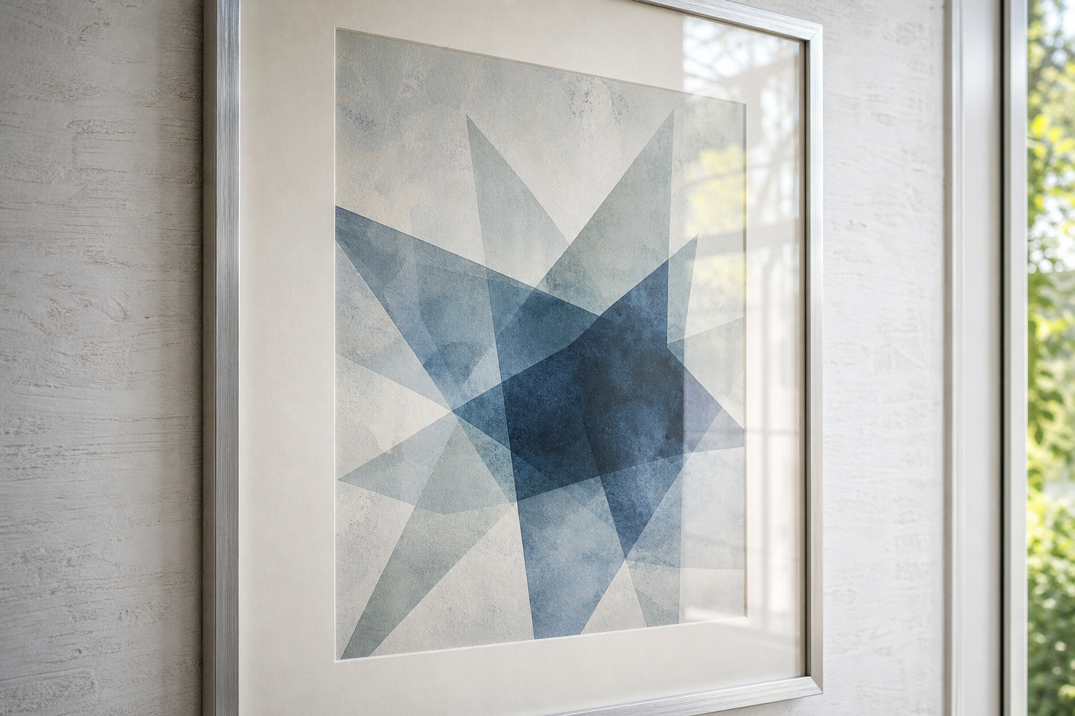 Close-up of frame and glass-like blue art textures