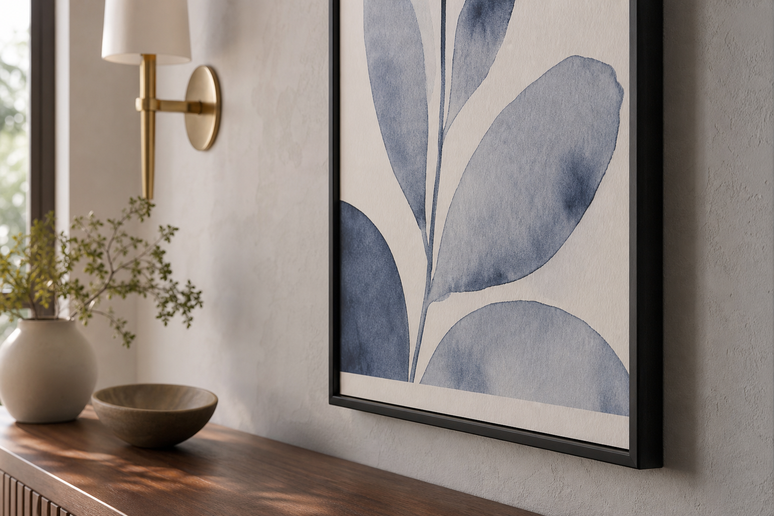 Close-up of frame and materials around blue portrait wall art