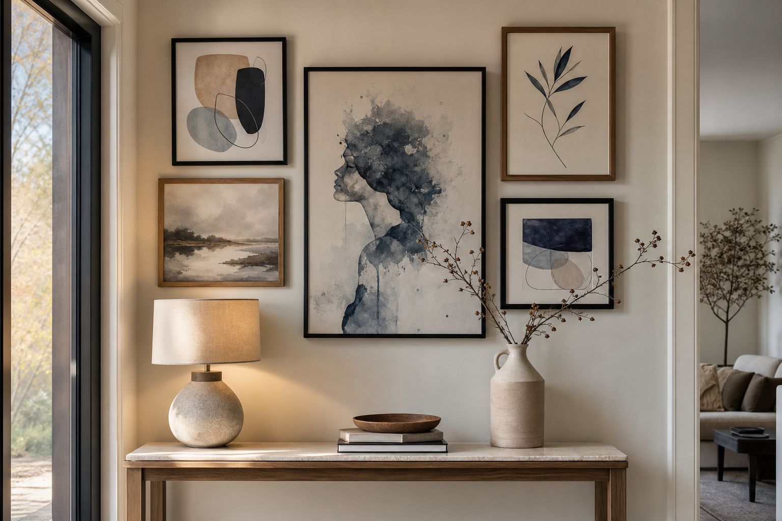 Gallery wall built around one blue portrait