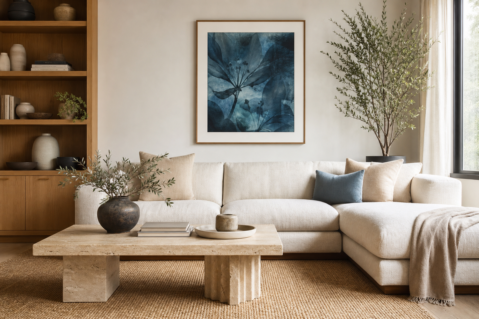 Living room styled with a blue portrait and neutral materials
