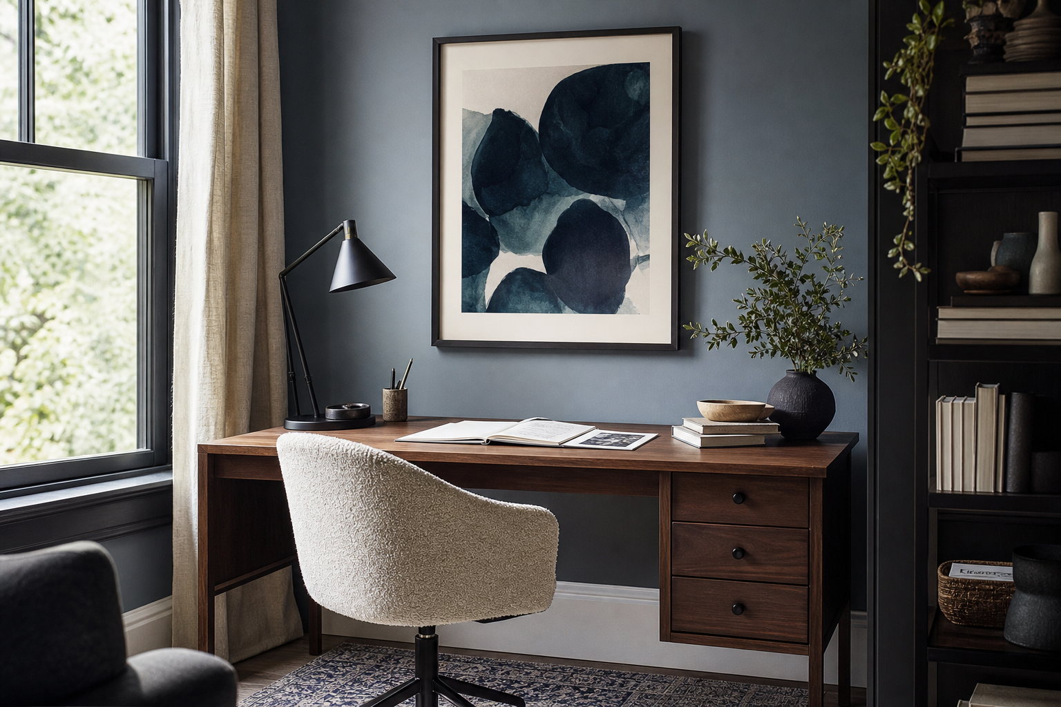 Home office with blue portrait wall art