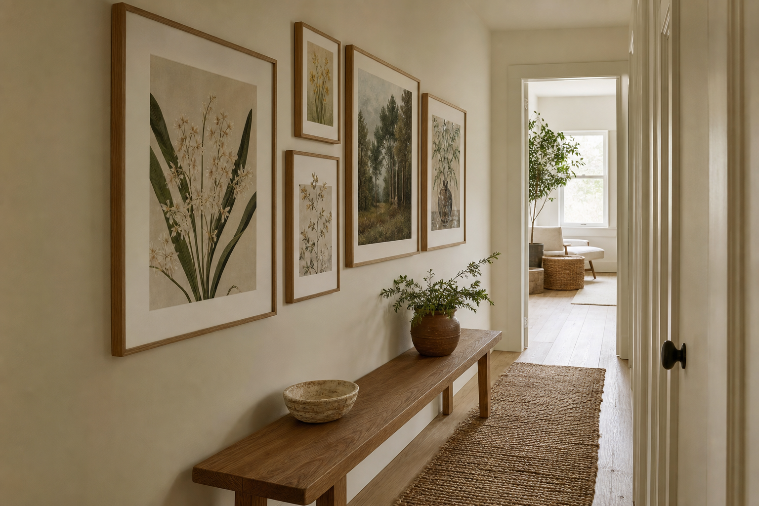 Hallway gallery wall with playful curated art