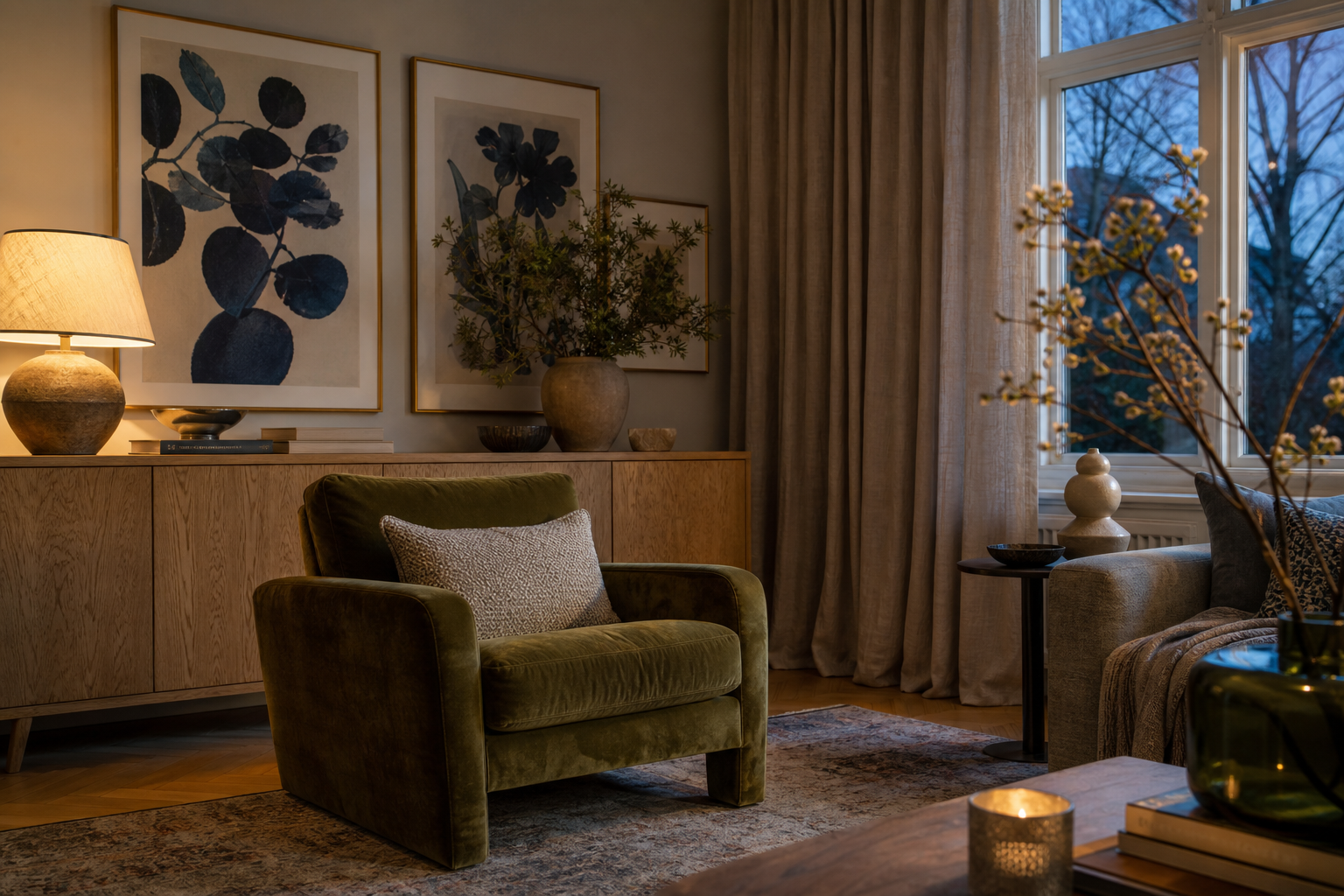 Eclectic living room with blue-toned animal wall art