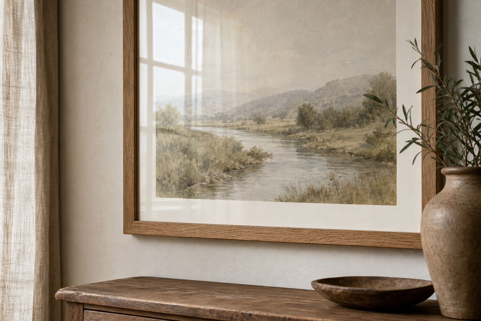 Close-up of oak frame and watercolor river artwork