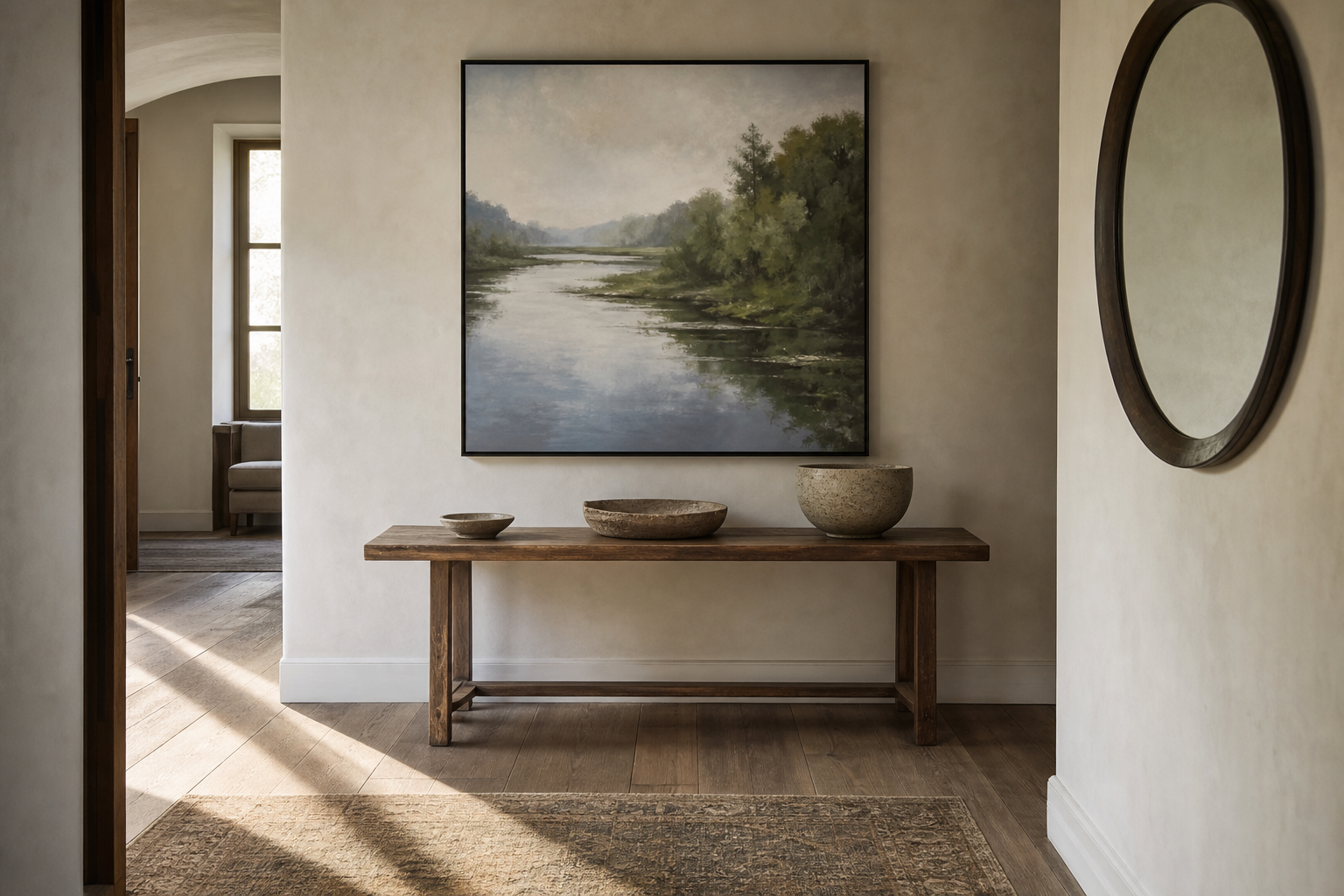 Hallway with large framed river artwork above a wooden console