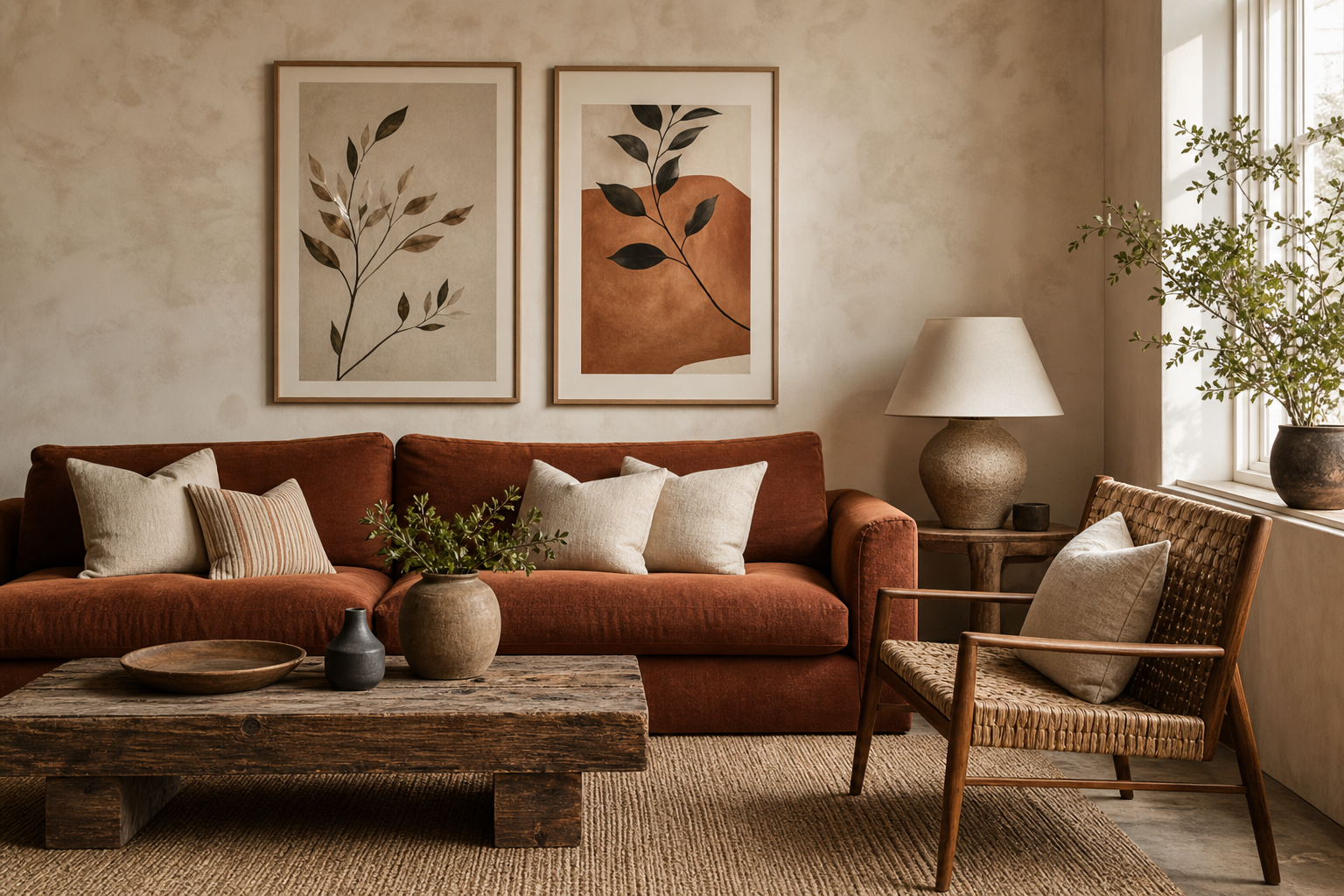 Living room with earthy river artwork and layered natural materials