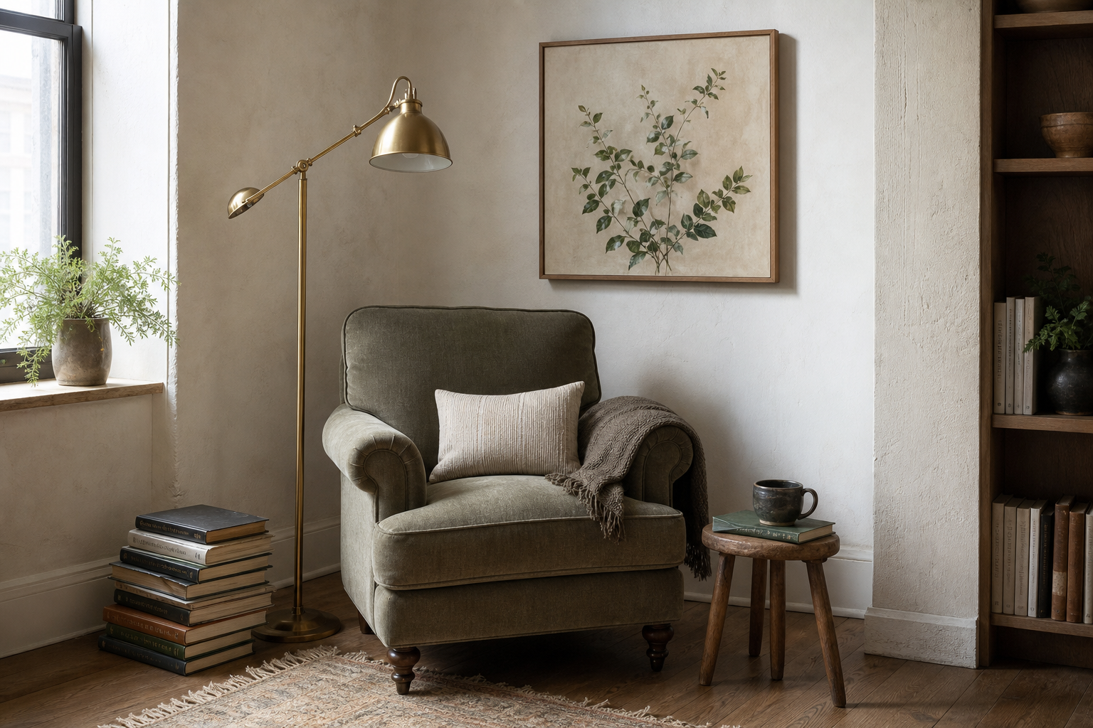 Reading nook styled with river landscape art and natural textures