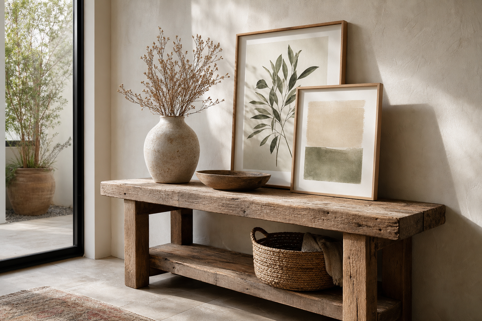 Boho console styling with framed art and textured decor