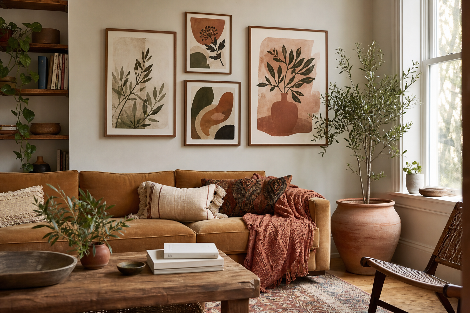 Boho living room with terracotta and botanical framed art