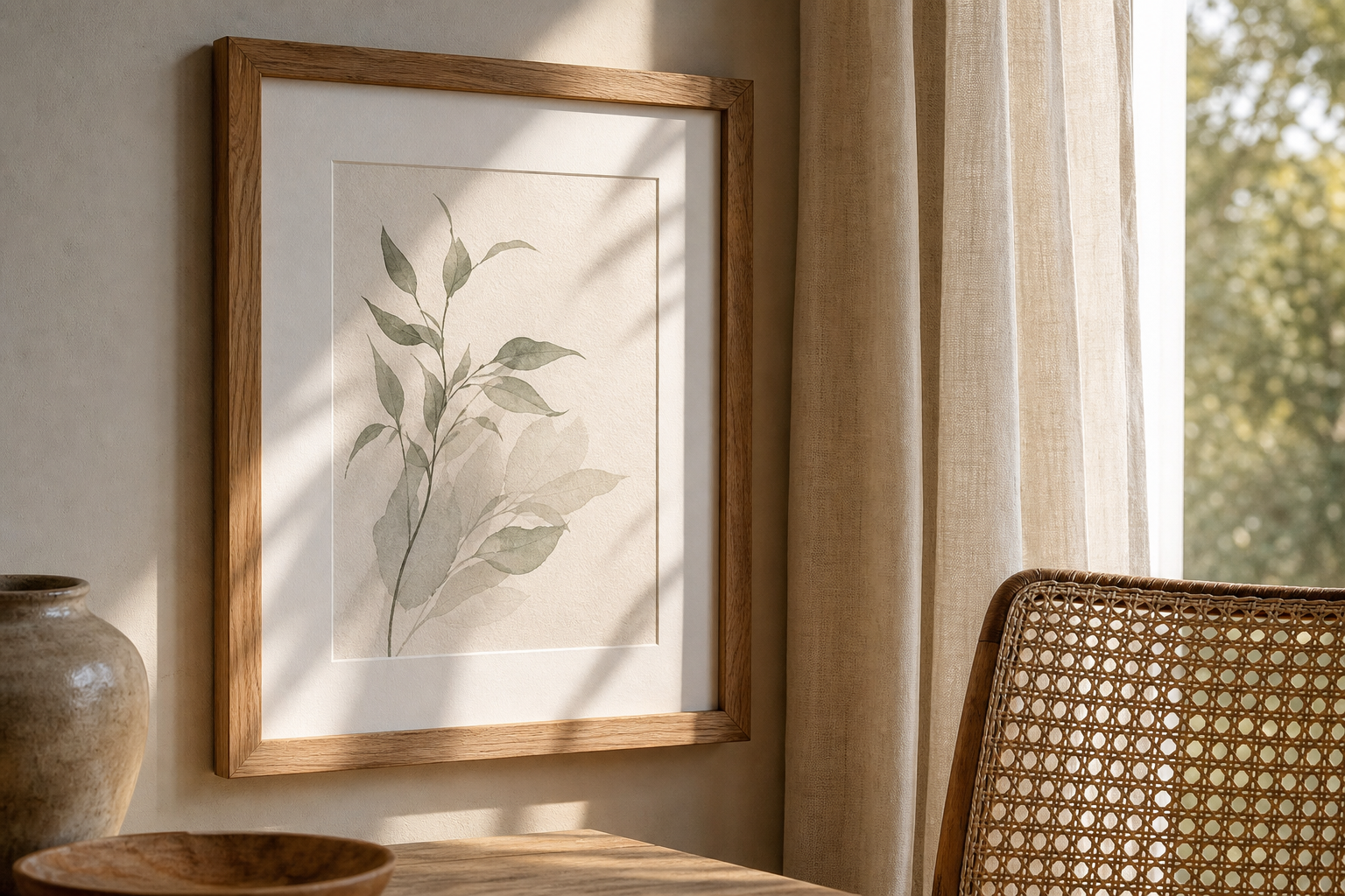Close-up of oak frame and boho styling materials