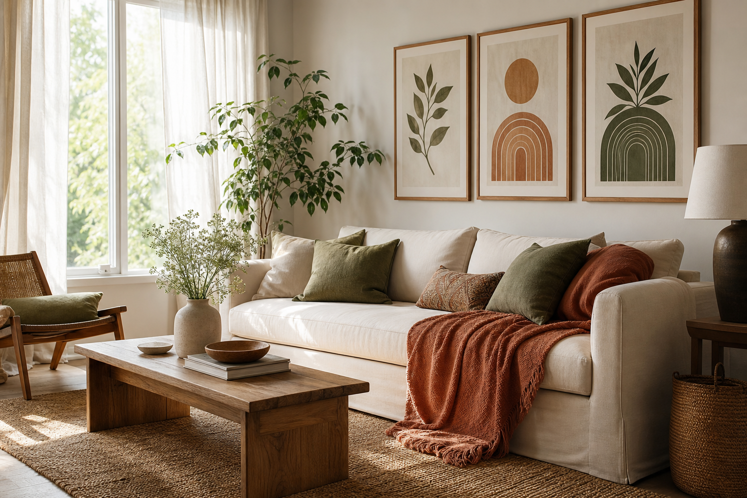 Boho living room with terracotta and olive accents