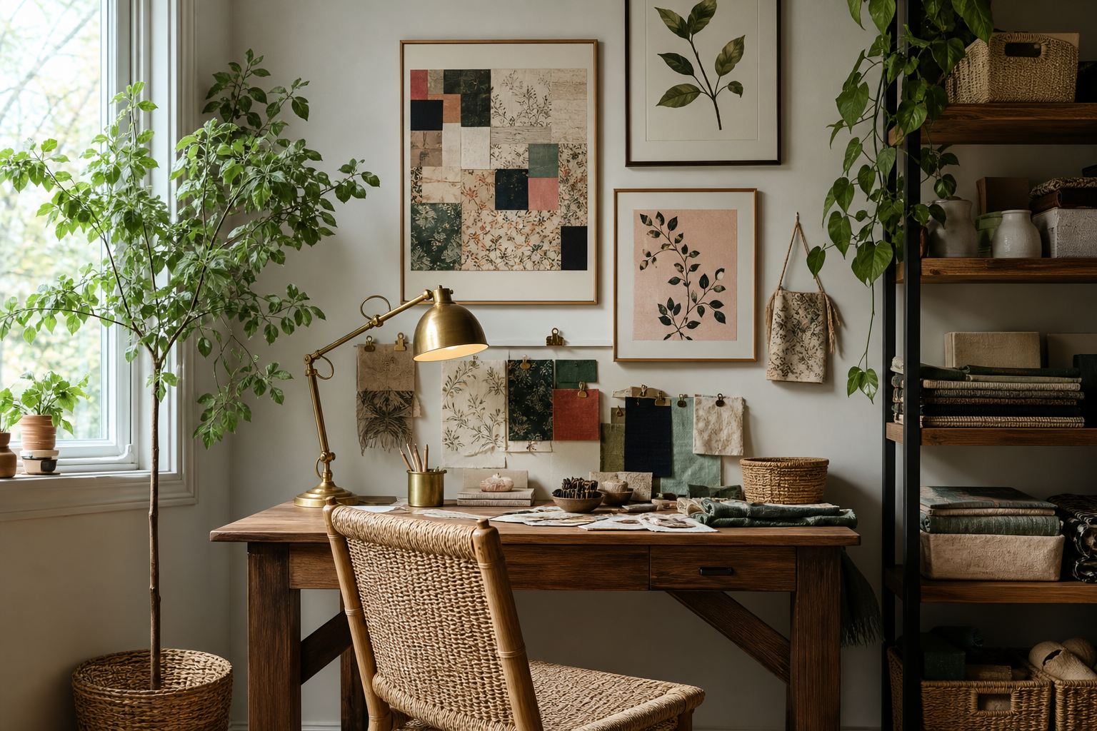Creative workspace with boho art and natural materials