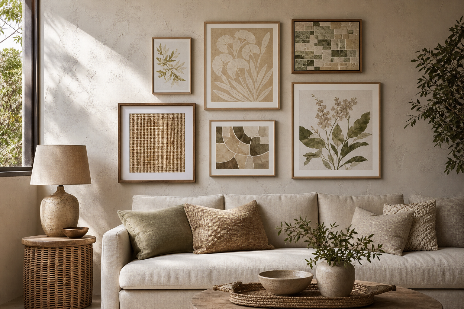 Asymmetrical boho gallery wall above a sofa