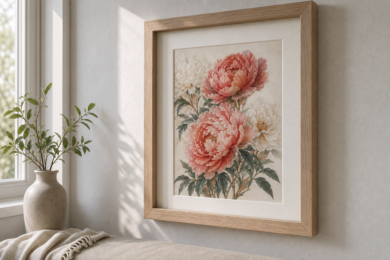 Close-up of oak frame and botanical floral print