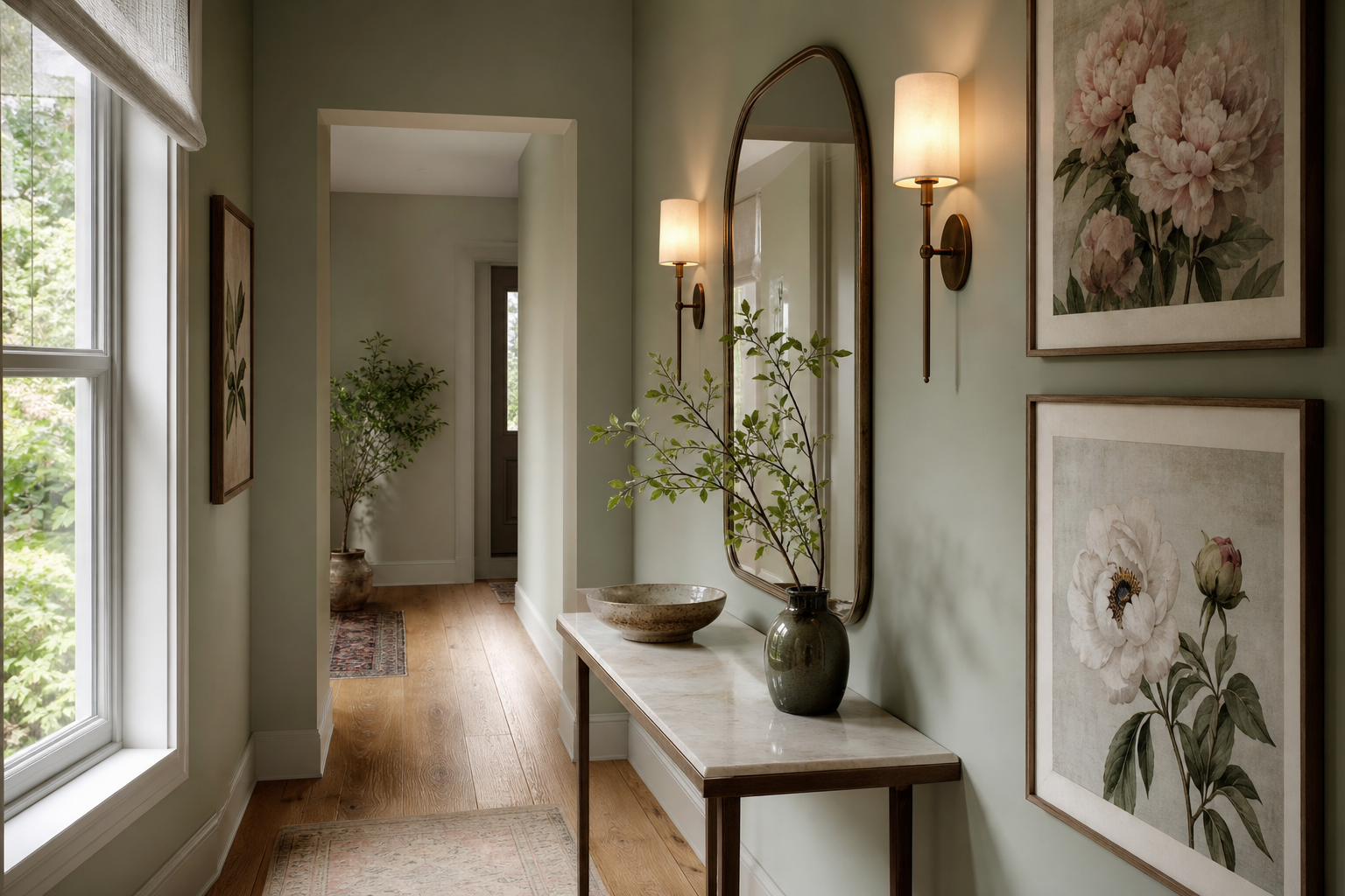 Hallway with framed floral botanical illustrations