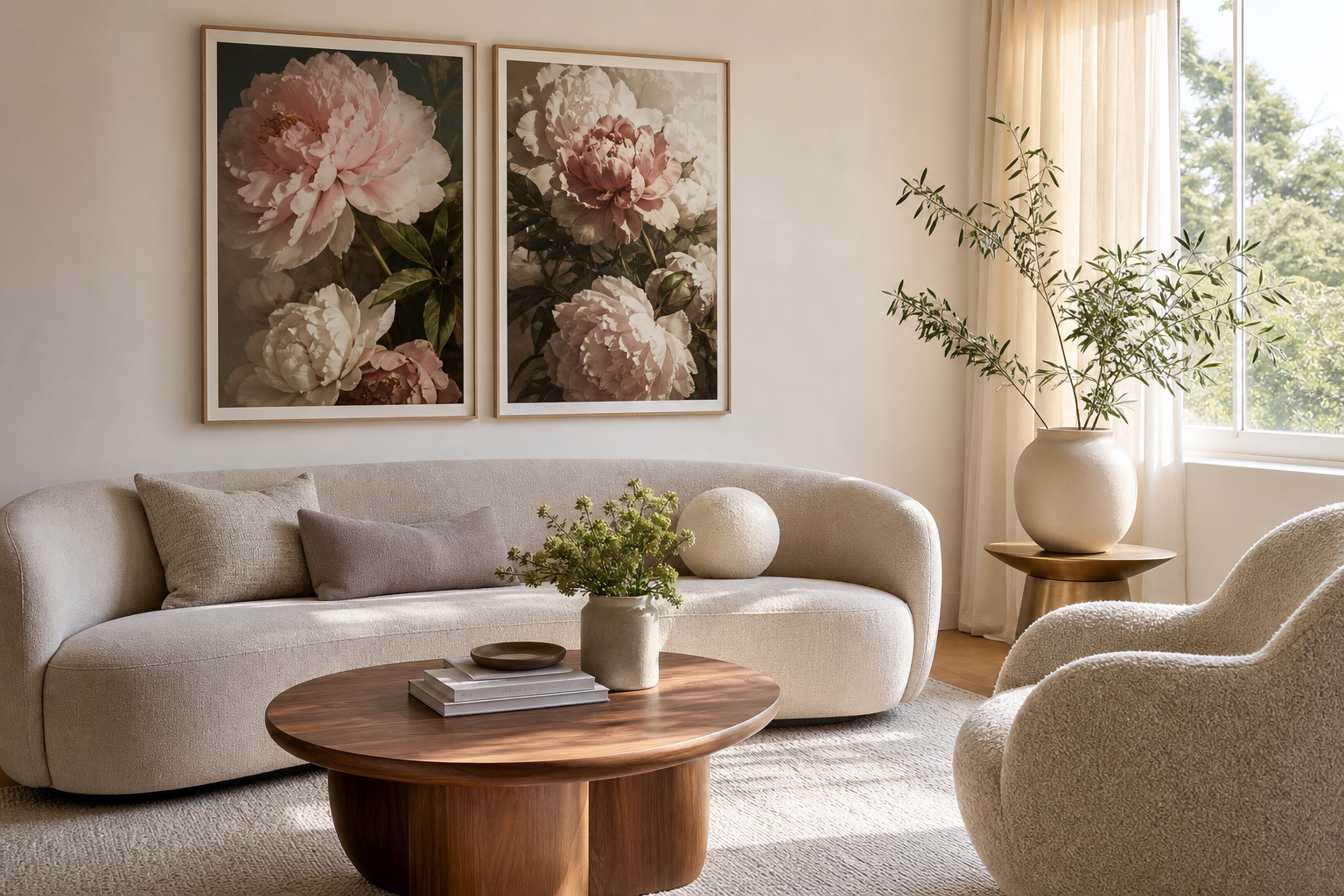 Elegant living room with botanical floral prints