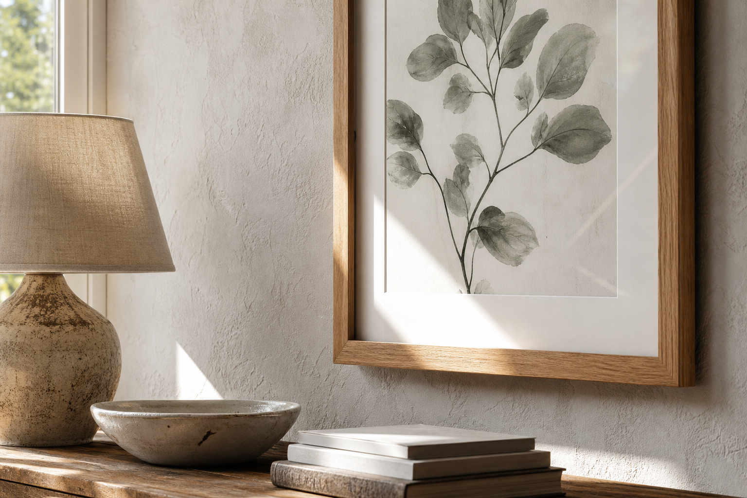 Close-up of wood frame and botanical print in living room