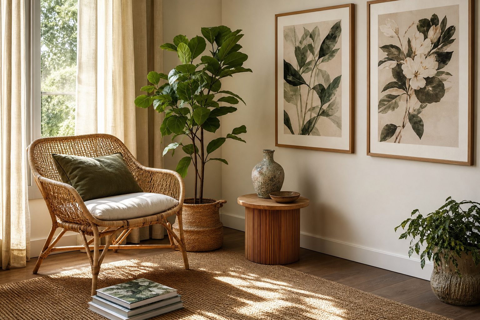 Living room corner layered with botanical art and decor