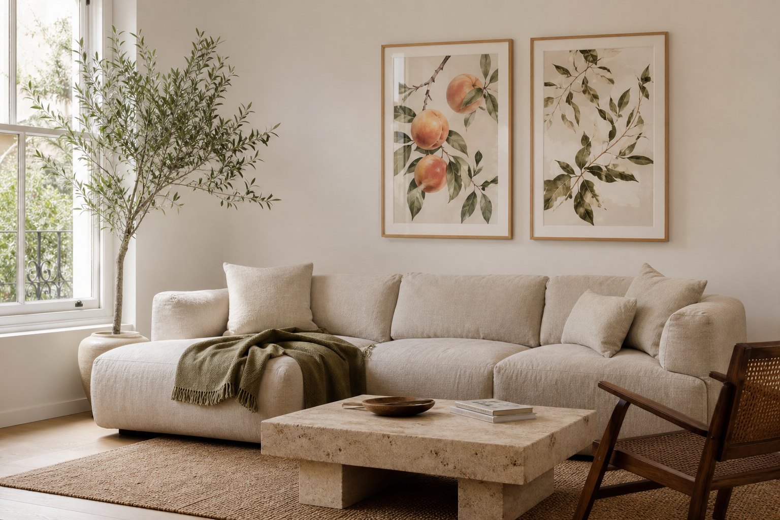 Living room with peach botanical art and muted earthy palette