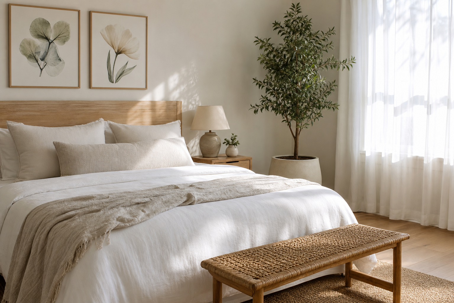 Minimal bedroom with botanical art and natural textures