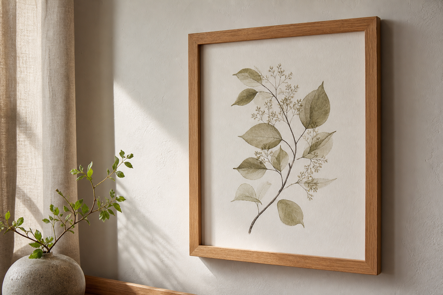 Close-up of oak frame and botanical artwork on textured wall