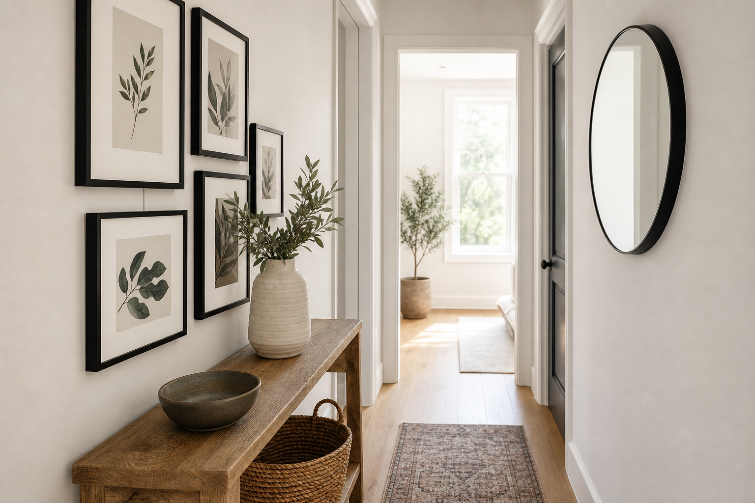 Hallway gallery of small botanical prints above a console