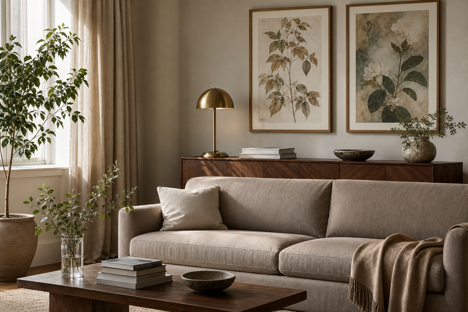 Classic lounge with vintage botanical framed art