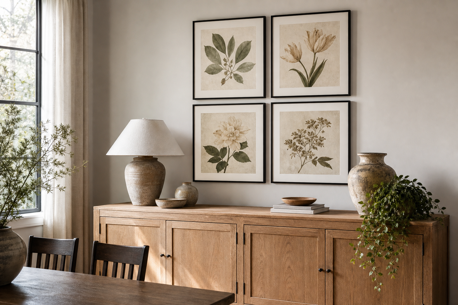 Botanical gallery wall above a sideboard