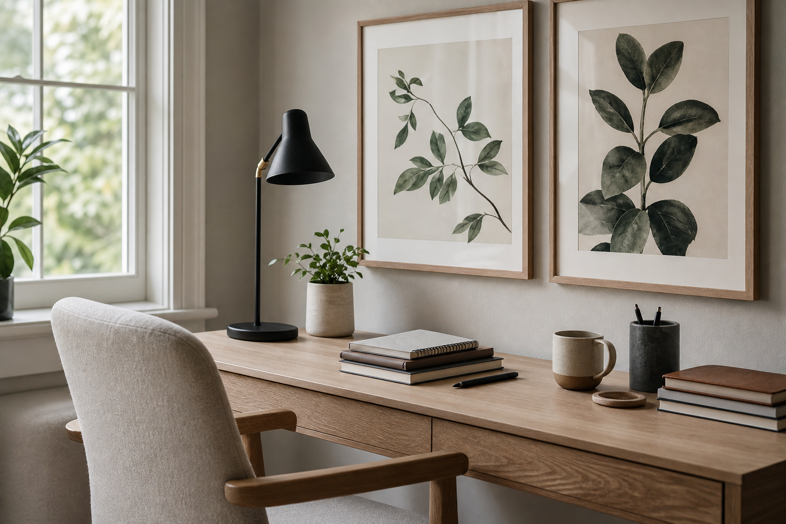 Botanical print styling in a home office