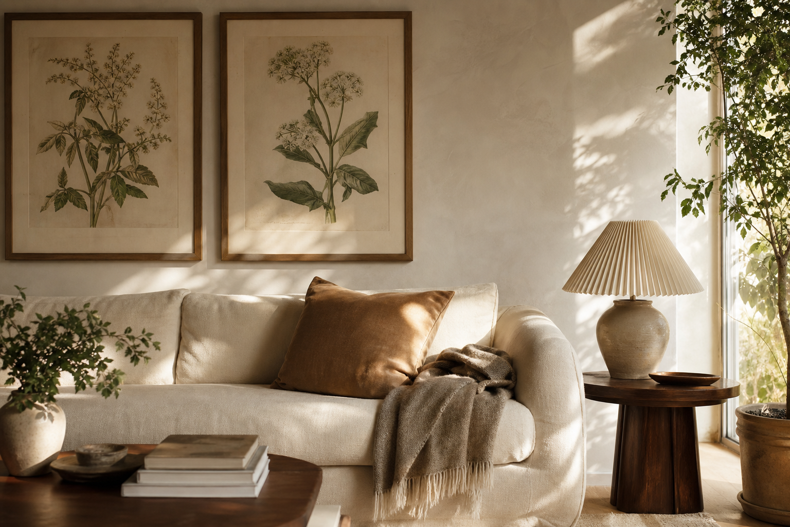 Vintage botanical art in a classic living room