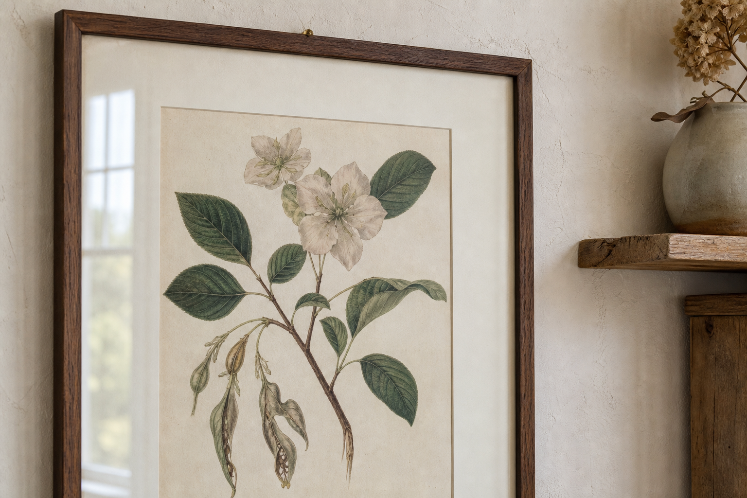 Close-up of framed botanical print with warm mount and wood frame