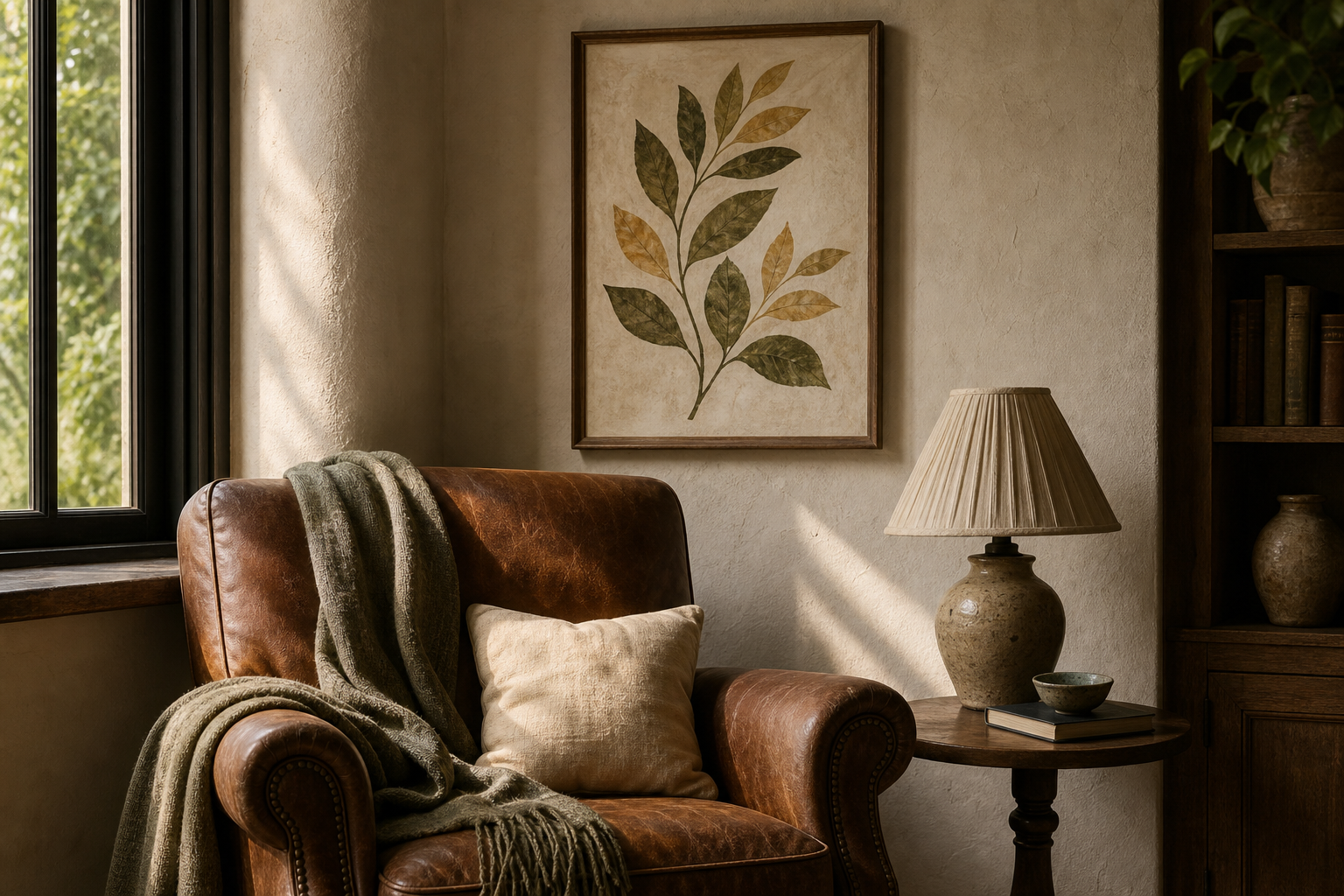 Close styling of vintage botanical art in a living room corner