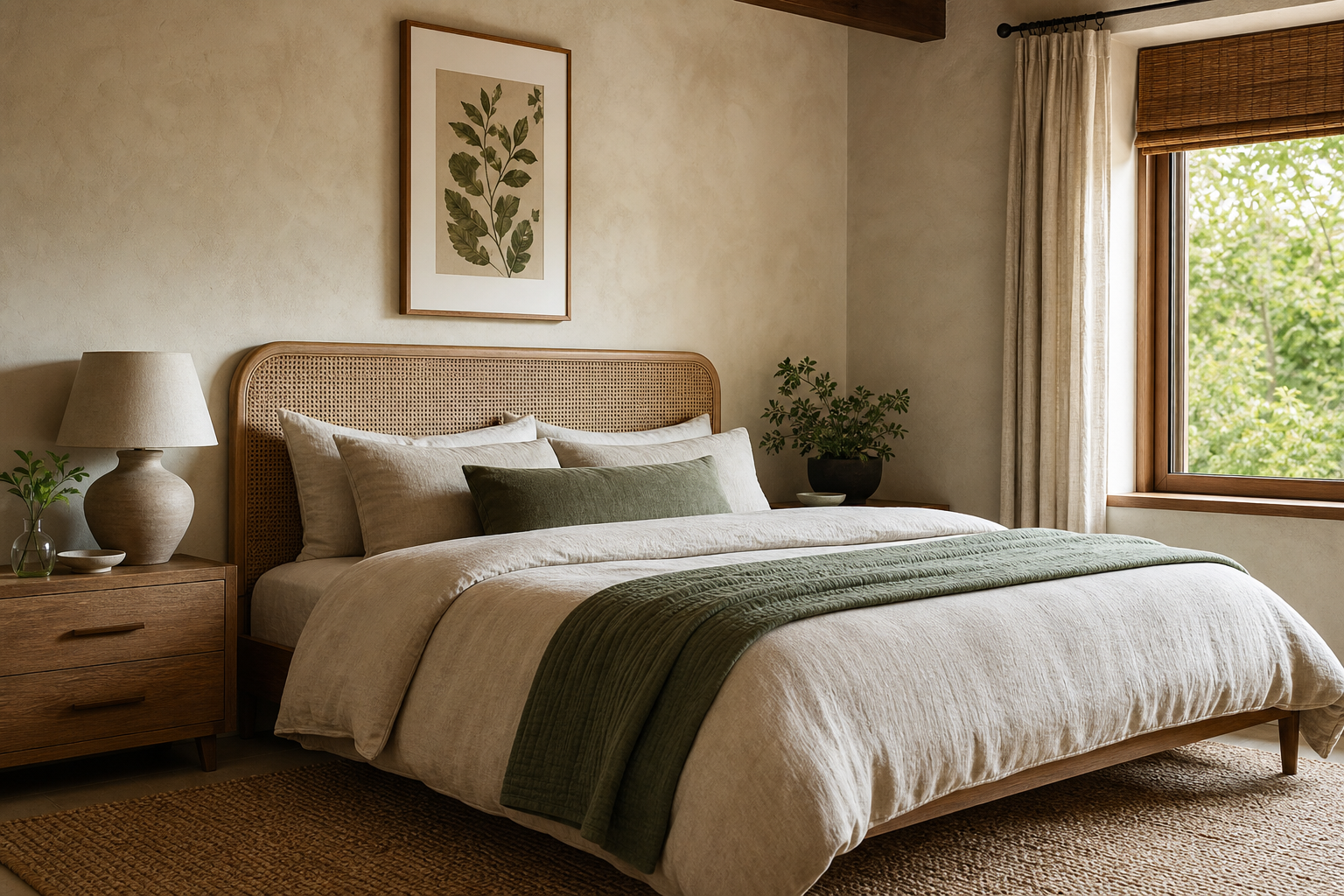 Bedroom with vintage botanical art and layered natural textures