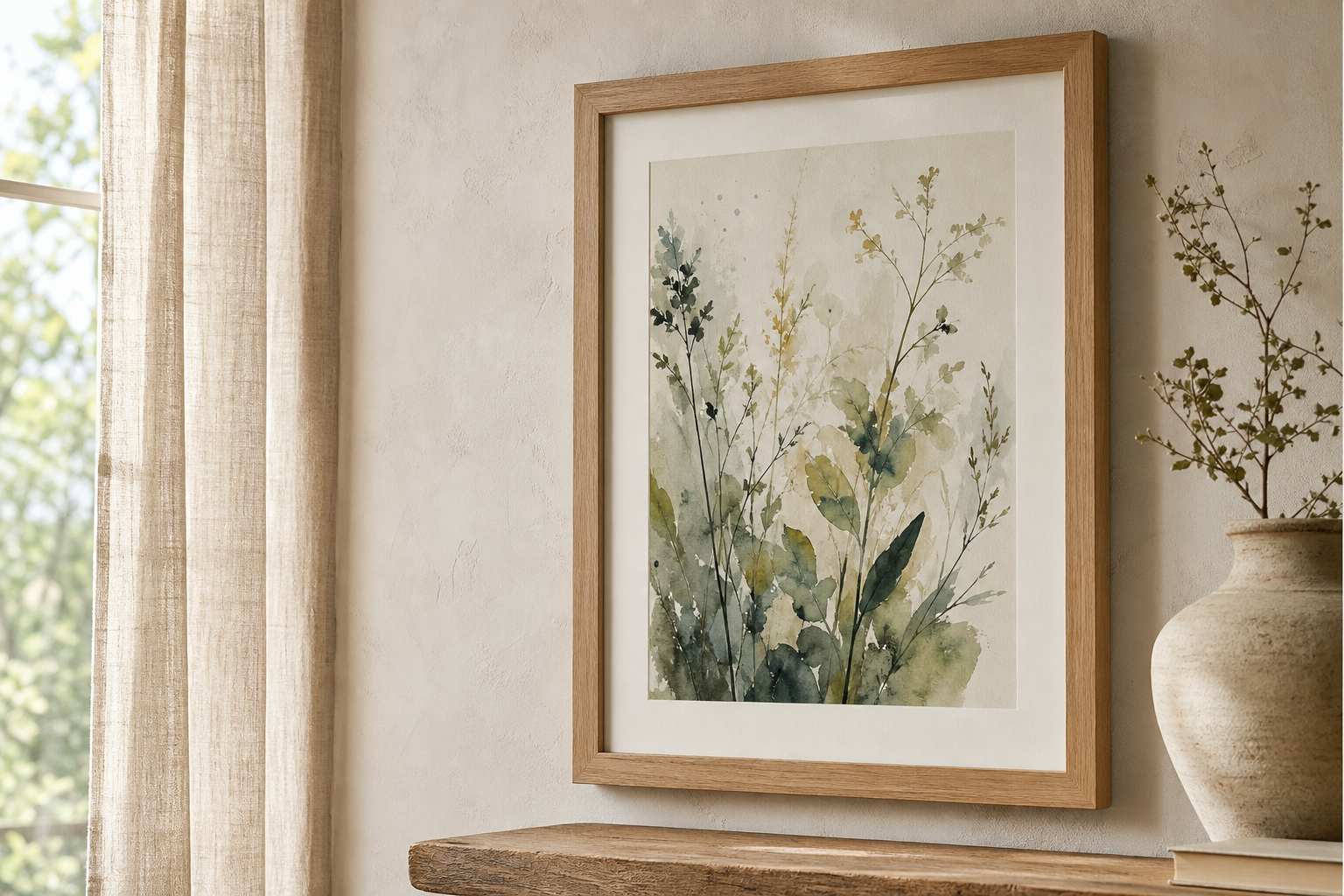 Close-up of wood frame and botanical print on textured wall