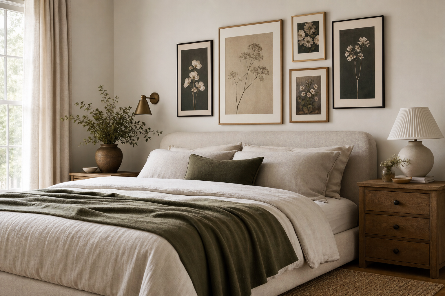 Bedroom with mixed botanical styles in soft natural tones