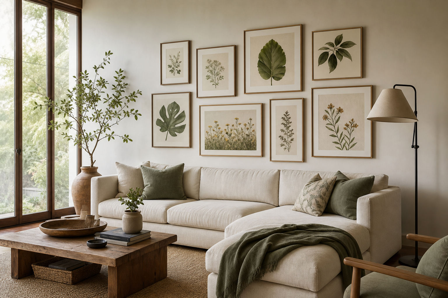 Botanical gallery wall above a sofa