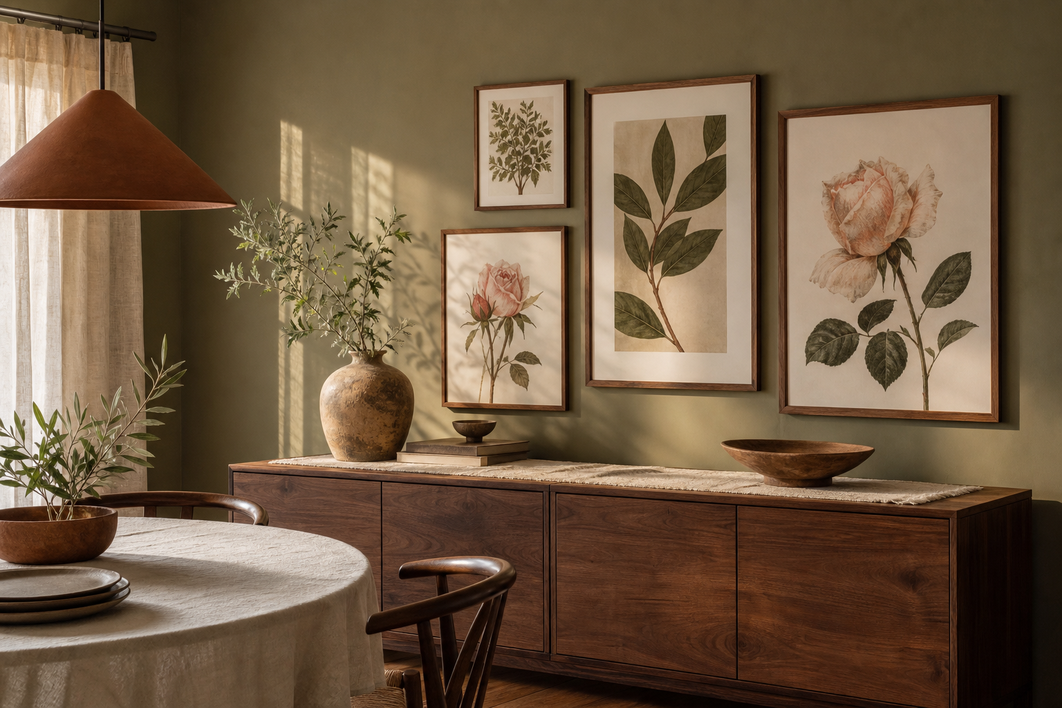 Botanical art above a wooden sideboard