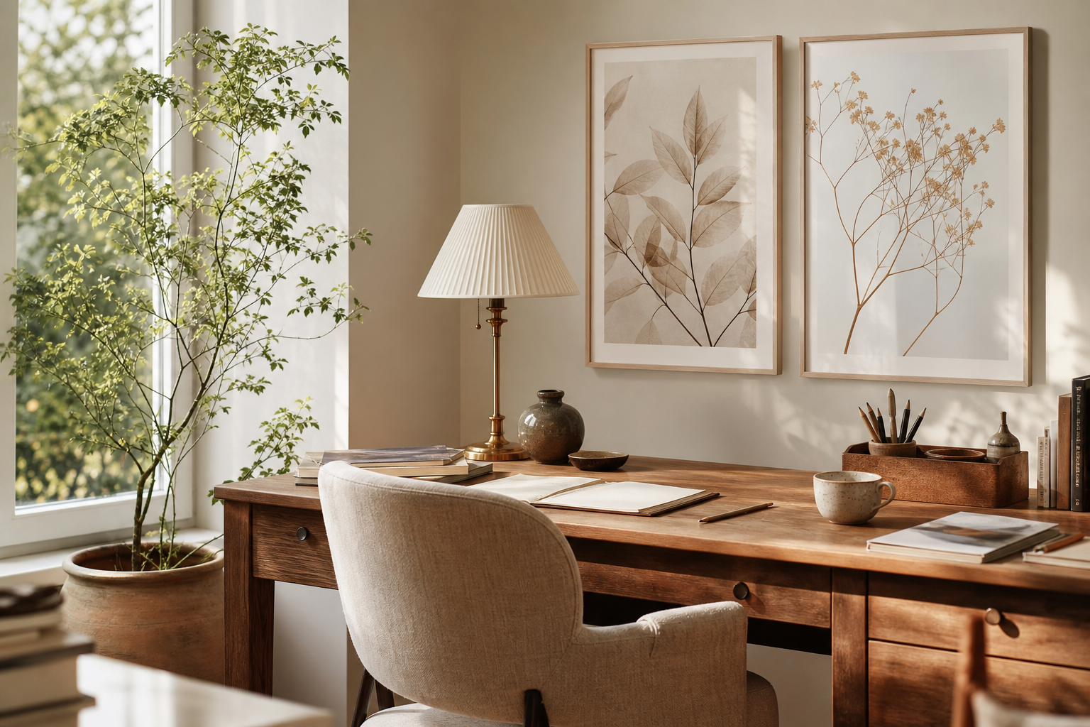 Home office with botanical art and natural textures