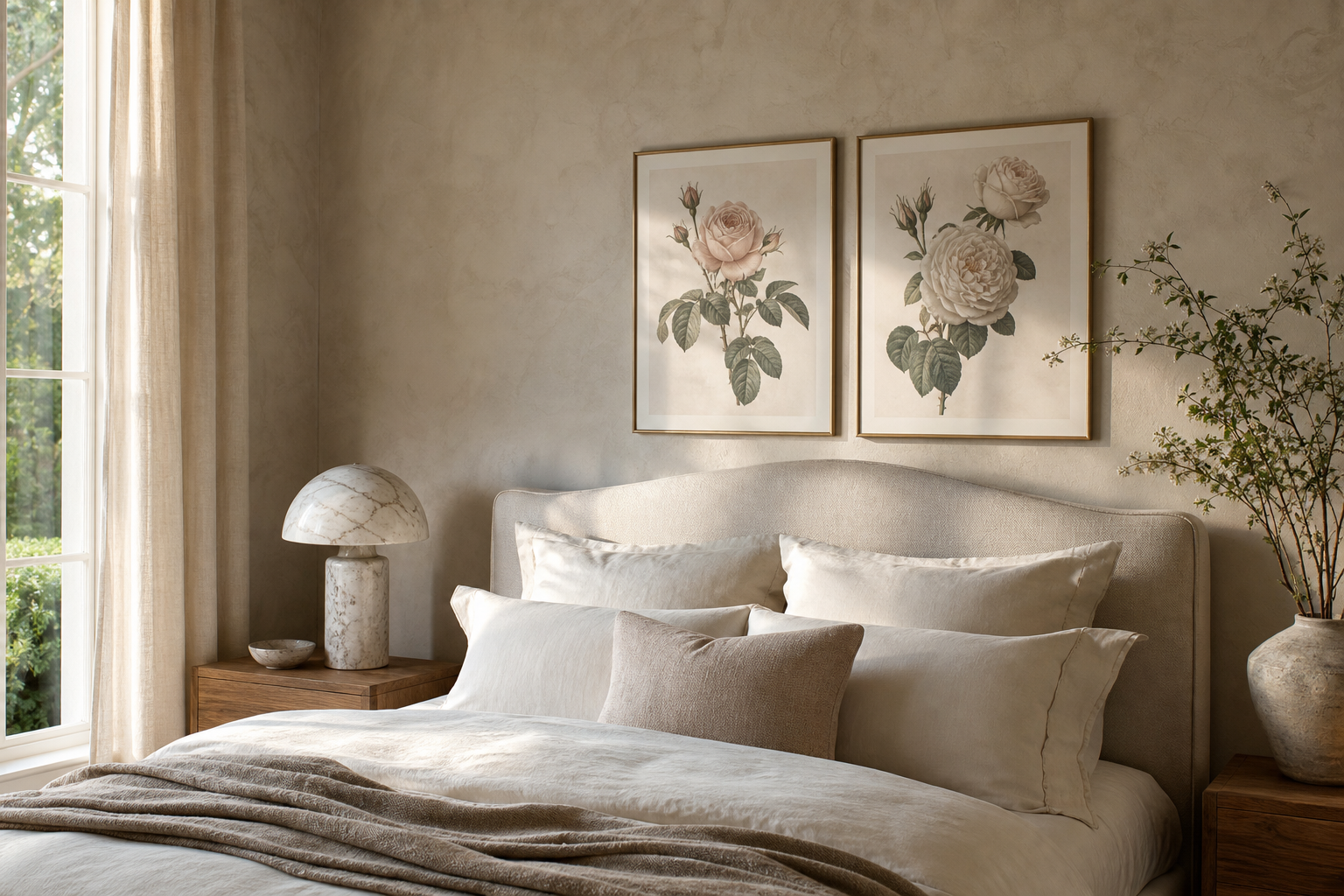 Rose artwork above a bed in a calm bedroom