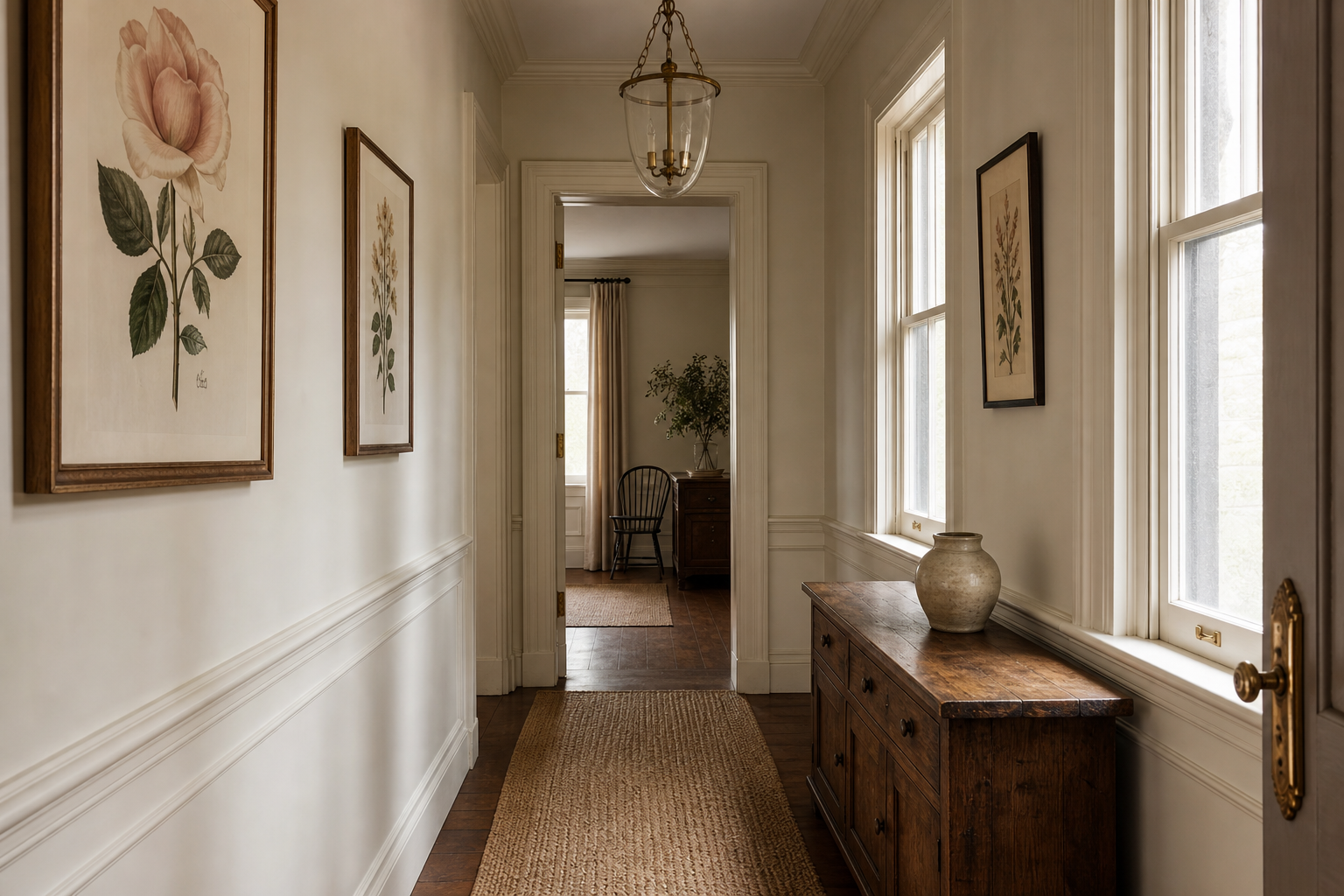 Cottage-style hallway with botanical rose wall art