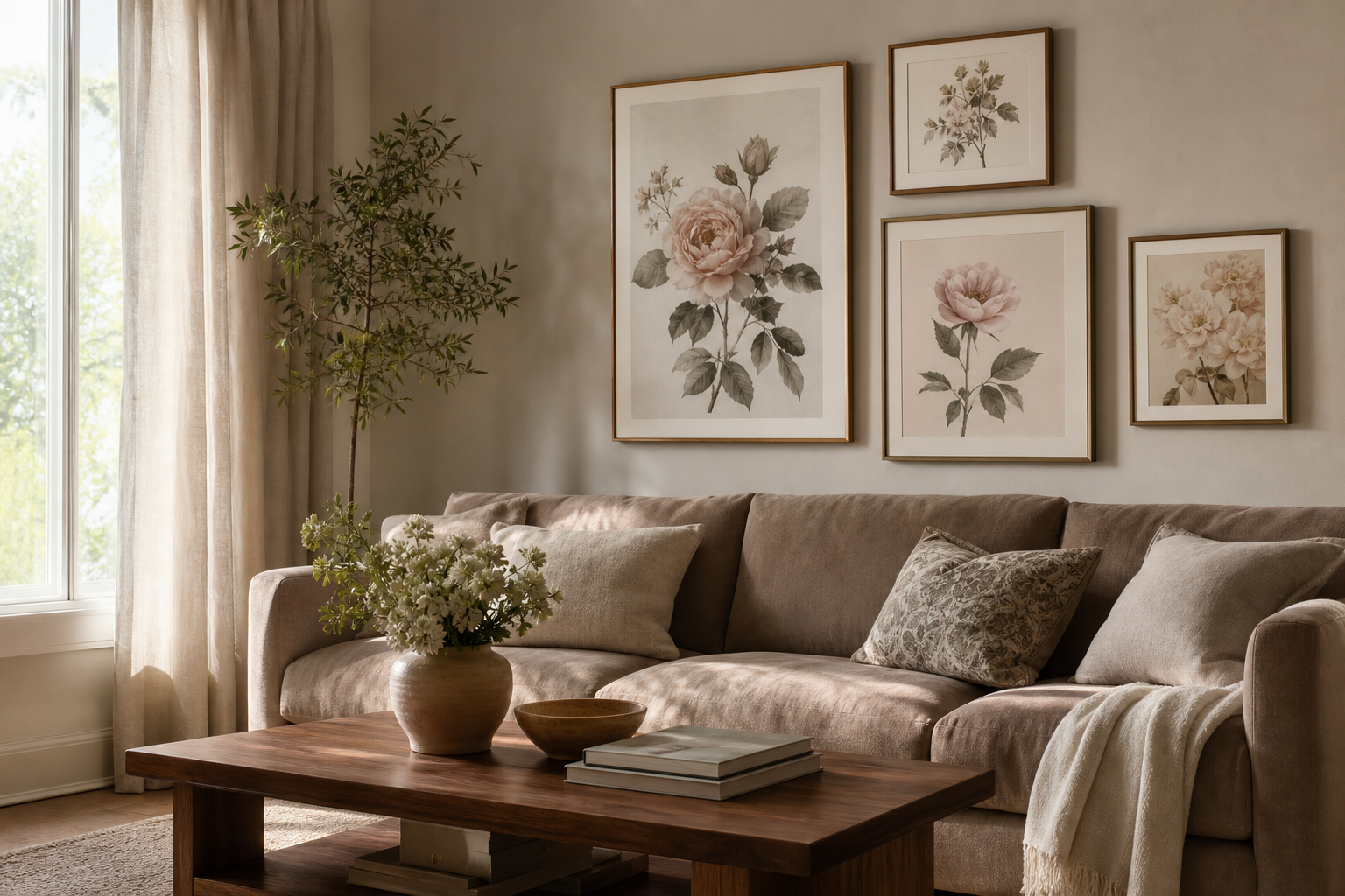 Living room with a botanical rose gallery wall